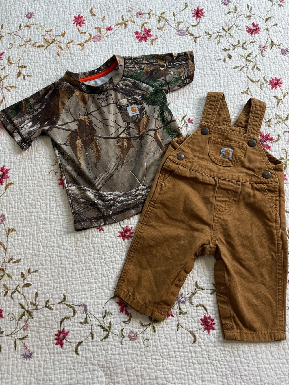Carhartt Baby Canvas Bib Overalls 6M And Camouflage Shirt Outfit Set 9Months